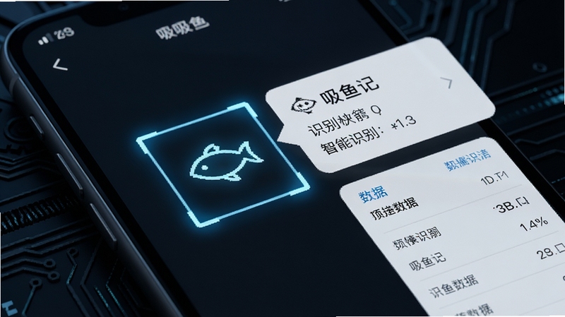 吸鱼记智能识别功能界面特写,画面展示手机屏幕中鱼形图标被高亮框选,旁边弹出识别结果卡片与数据列表,背景为深色科技纹理,光线聚焦于屏幕区域,营造精准高效的视觉感受