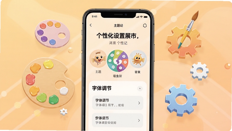 吸鱼记个性化设置界面展示,画面中央为手机屏幕显示主题切换与字体调节选项,屏幕周围漂浮彩色调色板与齿轮图标,背景为温暖的浅橙色渐变,整体氛围轻松友好