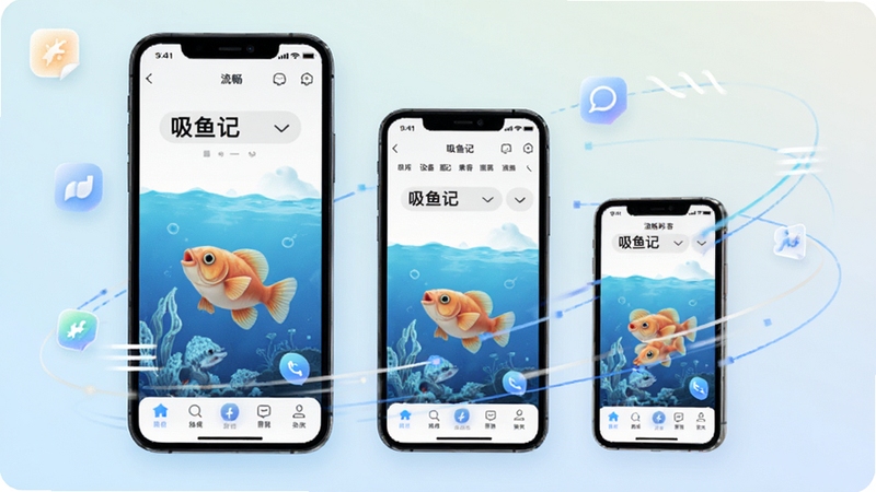 吸鱼记多设备适配展示图,画面中同时呈现三台不同尺寸的手机屏幕,均显示吸鱼记软件界面,背景为柔和的浅色渐变,手机周围环绕轻量级图标与速度线条,突出流畅与兼容特性