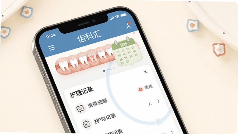 齿科汇 个人口腔档案管理界面图,画面展示手机屏幕上的档案记录页面,包含牙齿图标、日历提醒元素和护理记录条目,背景为柔和的米白色,整体风格温馨专业
