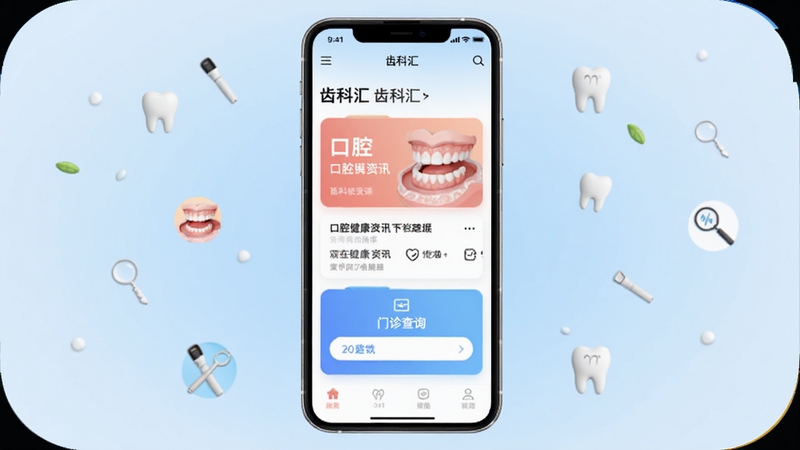 齿科汇 下载 软件界面全貌预览图,画面中央展示一部智能手机,屏幕上呈现齿科汇应用的主页界面,包含口腔健康资讯卡片和门诊查询入口,背景为柔和的浅蓝色渐变,周围点缀牙齿护理相关的小图标元素,整体风格清新简洁,适合Boogu模型生成