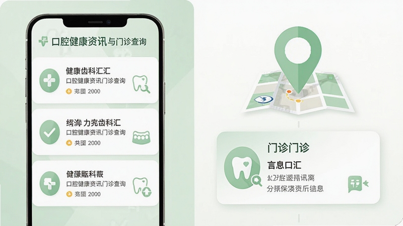 齿科汇 口腔健康资讯与门诊查询功能展示图,画面左侧为资讯列表卡片,右侧为地图定位图标与门诊信息卡片,整体采用扁平化设计风格,色调以白色和淡绿色为主,突出健康与专业的视觉感受
