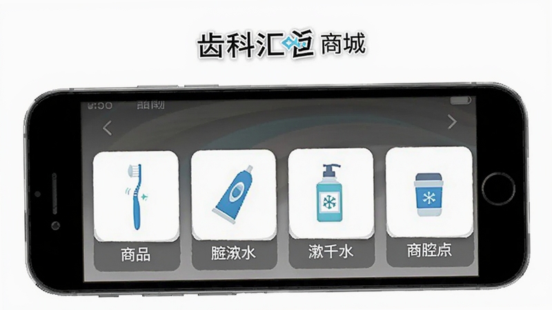 齿科汇 商城页面 口腔护理产品展示图,画面展示手机屏幕上的商品分类列表,包含牙刷、牙膏、漱口水等图标,背景为干净的白色,整体风格简洁明快
