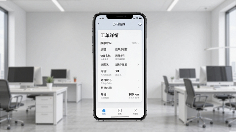 万马智维工单流转界面示意图,画面中央为手机屏幕展示工单详情卡片,包含报修时间、设备名称、处理状态等信息,背景为浅灰色办公环境,整体风格商务简洁