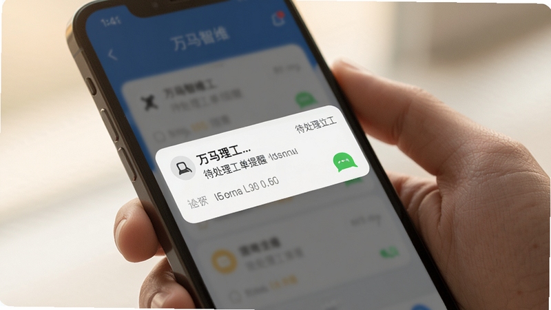 万马智维多端协同消息提醒界面,画面主体为手机屏幕弹出消息通知卡片,显示待处理工单提醒,背景为手持手机的特写,光线柔和,突出即时通讯感