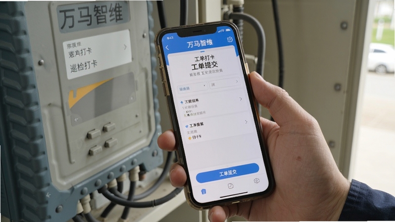 万马智维手机端操作界面截图,画面展示巡检打卡与工单提交页面,背景为手持手机在设备旁操作的真实场景,光线自然,突出移动端使用便捷性
