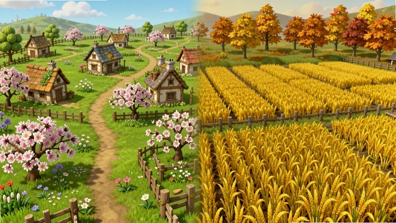 村庄游戏季节变换效果图,画面左侧是春季花开的村庄,右侧是秋季金黄的农田,中间有过渡分割线,整体和谐