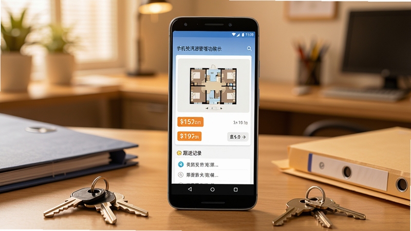 手机梵讯房源管理功能展示图,画面中一部安卓手机屏幕显示房源详情卡片,包含户型图、价格标签和跟进记录,手机周围散落着钥匙和文件夹,背景为暖色调办公环境,写实摄影风格