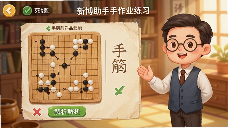 新博助手作业练习界面,展示围棋死活题和手筋题,画面中有卡通老师形象在旁指导,背景为书房环境,色调温暖柔和,细节包含对错标记和解析按钮