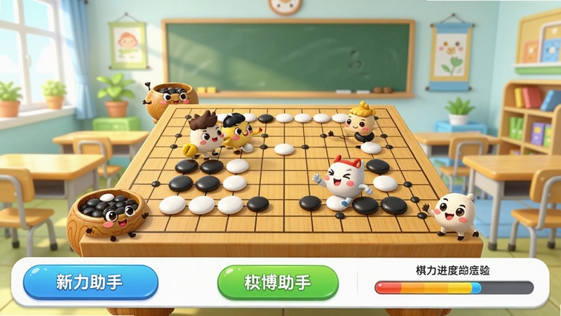 新博助手软件界面全景展示,主体为围棋棋盘与卡通棋子角色,背景区域为明亮的教室环境,画面风格清新活泼,适合少儿用户群体,细节包含对弈按钮和棋力进度条