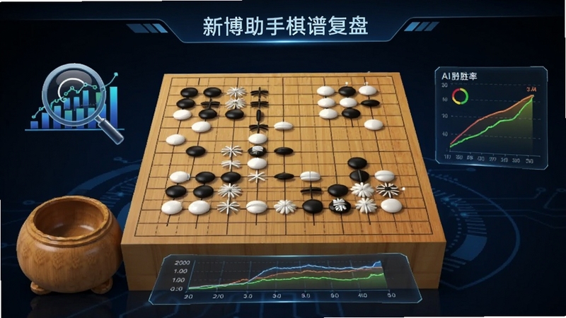 新博助手棋谱复盘界面,展示围棋棋盘和AI胜率曲线,画面中有放大镜和数据分析图标,背景为科技感深蓝色调,突出智能分析功能