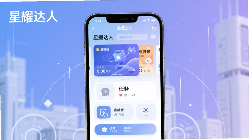 星耀达人应用界面整体展示图,画面中央为手机屏幕显示星耀达人主页面,包含动态卡片与任务入口,背景为柔和的蓝紫渐变科技感风格,左上角放置星耀达人文字标识,整体色调明亮清新,适配Boogu模型生成
