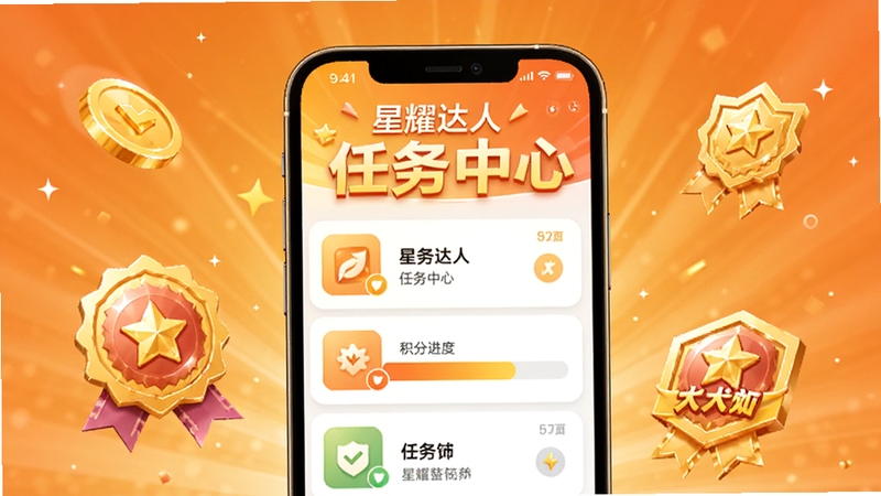 星耀达人任务中心界面展示图,画面主体为手机屏幕显示任务列表与积分进度条,周围环绕金币与等级徽章元素,背景为暖橙色渐变,突出星耀达人任务中心字样,适配Boogu模型生成