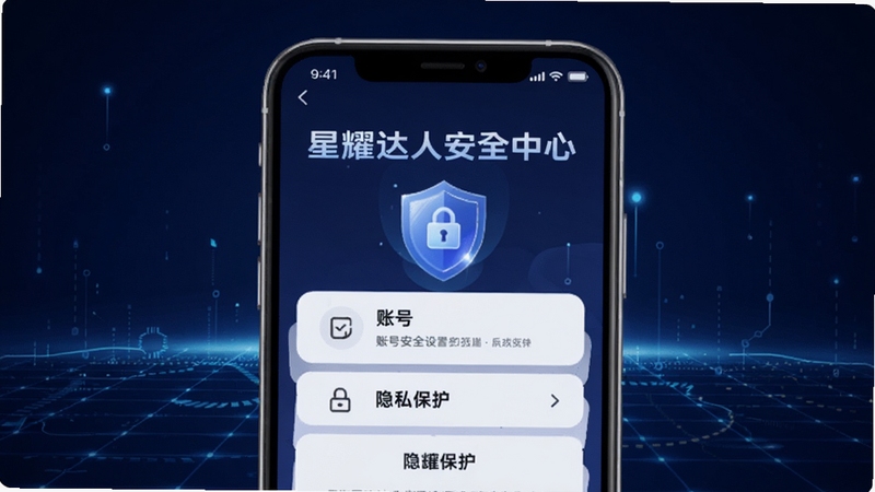 星耀达人安全中心界面图,画面展示手机屏幕显示账号安全设置与隐私保护选项,背景为深蓝色科技感网格,突出星耀达人安全中心字样与盾牌图标,适配Boogu模型生成