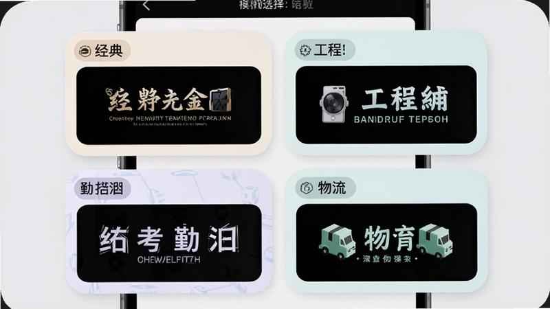 定制时间水印相机多模板选择界面,画面中手机屏幕上排列着四个水印模板预览卡片,分别标注经典、工程、考勤、物流字样,每个卡片内展示对应风格的水印效果图,界面配色柔和,卡片圆角设计,背景为浅灰色