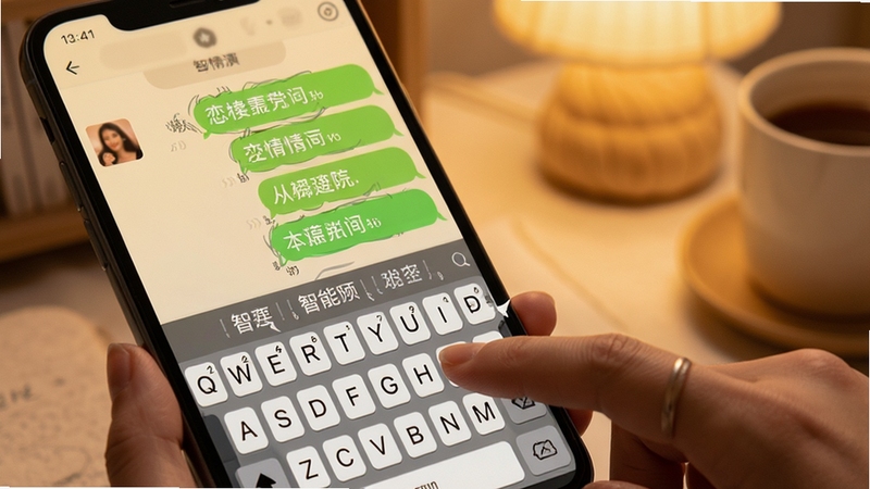 恋爱情侣聊天话术键盘 智能联想功能演示 手机键盘上方弹出多条话术推荐 用户手指点击选择 聊天界面背景 温馨暖色调 细节清晰 适合Boogu模型生成