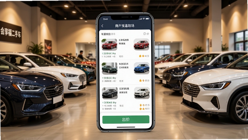会享福二手车商户软件主界面全貌展示,画面中央为手机屏幕中的车源竞拍列表与出价按钮,背景为二手车交易市场展厅,多辆整备完毕的二手车整齐排列,暖色灯光,商务写实风格,细节清晰