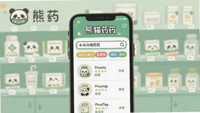熊猫药药药品搜索界面截图风格插画,画面中央展示手机屏幕内药品列表与筛选标签,背景为浅绿色药房货架虚化效果,突出熊猫药药名称,适配Boogu模型生成