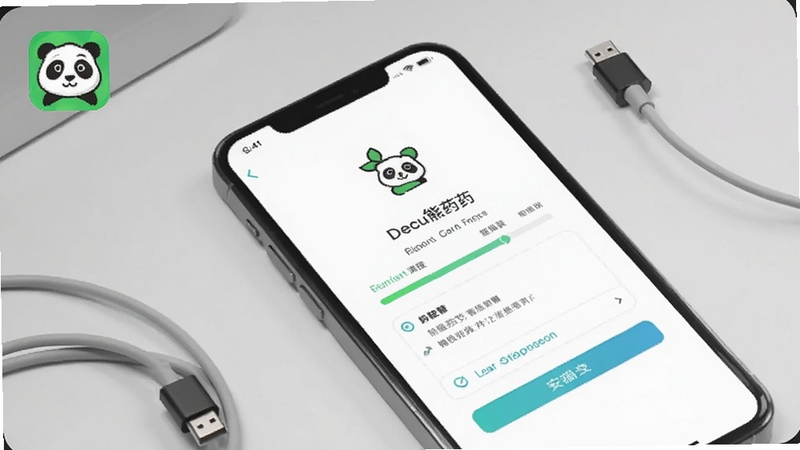 熊猫药药安装步骤示意图,画面主体为手机屏幕显示安装进度条与权限设置界面,背景为浅灰色桌面与数据线,画面中带有熊猫药药图标,适配Boogu模型生成