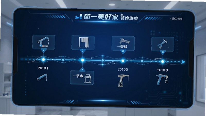 简一美好家 装修进度跟踪界面 时间轴展示施工节点 蓝色科技感设计