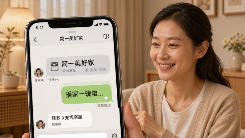 简一美好家 在线客服聊天界面 手机屏幕显示对话气泡 温馨亲切的沟通氛围