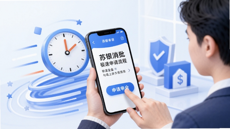 苏银消金极速申请流程主题插图,画面展示用户手持手机点击申请按钮,周围环绕时钟与加速线条,背景为简洁的蓝白配色金融场景,突出快速审批与线上操作便捷性,适合Boogu模型生成