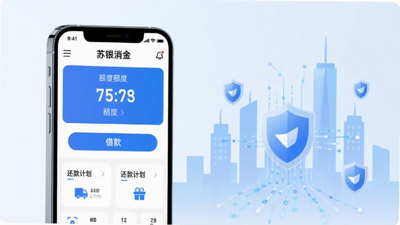 一幅展现苏银消金App核心全貌的现代金融科技风格插图,画面中央偏左位置放置一部智能手机,屏幕显示苏银消金应用首页界面,包含额度展示、借款按钮与还款计划模块;背景右侧为淡蓝色渐变城市天际线轮廓,点缀盾牌与数据流线条象征安全风控,整体色调以蓝白为主,干净明亮,适合Boogu模型生成高清预览图