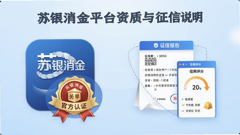 苏银消金平台资质与征信说明主题插图,画面左侧为苏银消金App图标与官方认证徽章,右侧为征信报告与信用评分示意图,背景为浅蓝色渐变,整体传递正规持牌与信用管理概念,适合Boogu模型生成