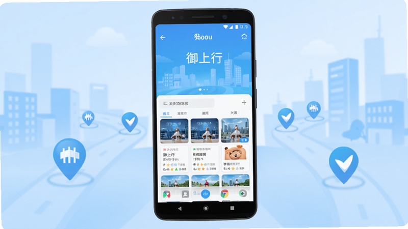 御上行 软件主界面概览图,画面中央放置一部安卓手机,手机屏幕显示御上行应用首页,背景为浅蓝色渐变城市道路与定位图标点缀,整体风格清爽简洁,适配Boogu模型生成