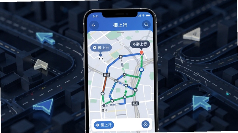 御上行 智能路线规划功能展示图,手机屏幕呈现御上行路线规划界面,地图上标注起点终点与多条可选路径,背景为抽象城市路网与导航箭头元素,科技感适中,适配Boogu模型生成