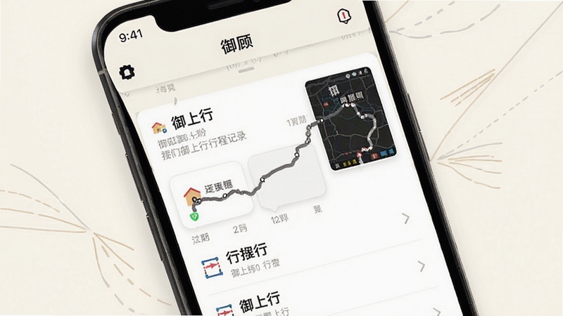 御上行 行程记录页面展示图,手机屏幕显示御上行行程列表与轨迹缩略图,背景为柔和的米白色调与简约线条装饰,突出数据记录与回顾功能,适配Boogu模型生成