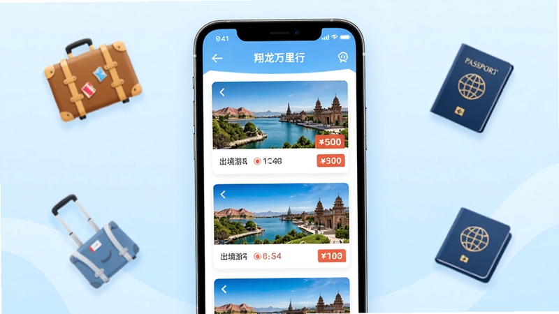 翔龙万里行APP界面展示,画面主体为手机屏幕,屏幕上呈现多条出境游线路卡片,卡片上有目的地风景缩略图和价格标签,背景为淡蓝色渐变,点缀旅行箱和护照图标,整体风格清新明快