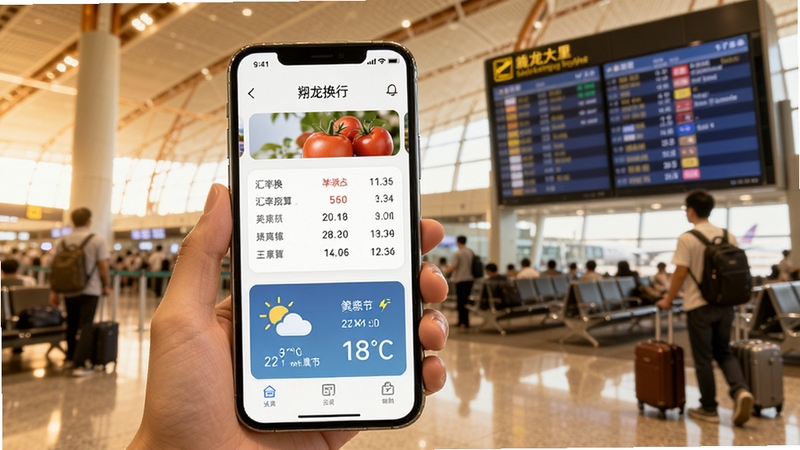 翔龙万里行应用场景图,画面主体为手机屏幕显示汇率换算界面和天气资讯卡片,背景为机场候机大厅,有旅客和航班信息屏,整体色调温暖明亮,突出实用与便捷