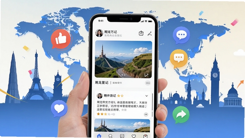 翔龙万里行社区互动场景,画面主体为手机屏幕显示用户游记和结伴帖子,屏幕周围环绕点赞、评论、分享图标,背景为世界著名地标剪影,整体氛围活泼社交化
