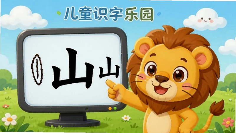 儿童识字乐园趣味动画识字功能展示,画面主体为卡通小狮子指着屏幕上的“山”字,旁边展示山字从甲骨文到楷书的演变过程,背景是绿色草地和蓝天,风格童趣可爱