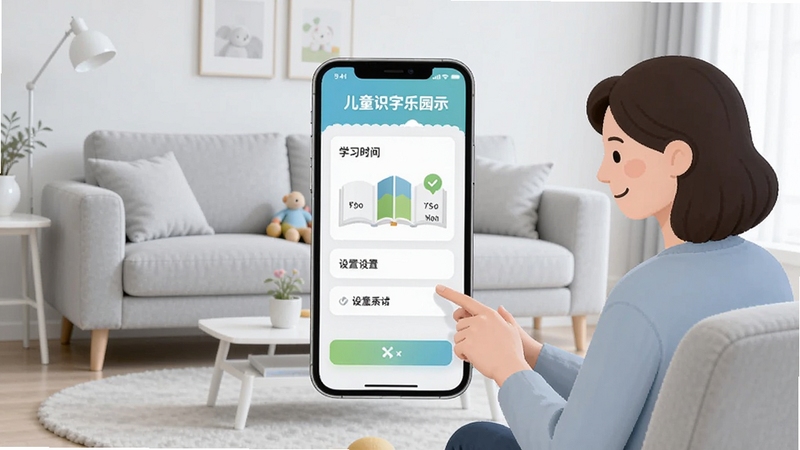 儿童识字乐园家长管理面板展示,画面中央为手机屏幕显示学习时长统计和设置选项,旁边有家长形象在操作,背景为简洁的浅灰色客厅,风格清爽明了