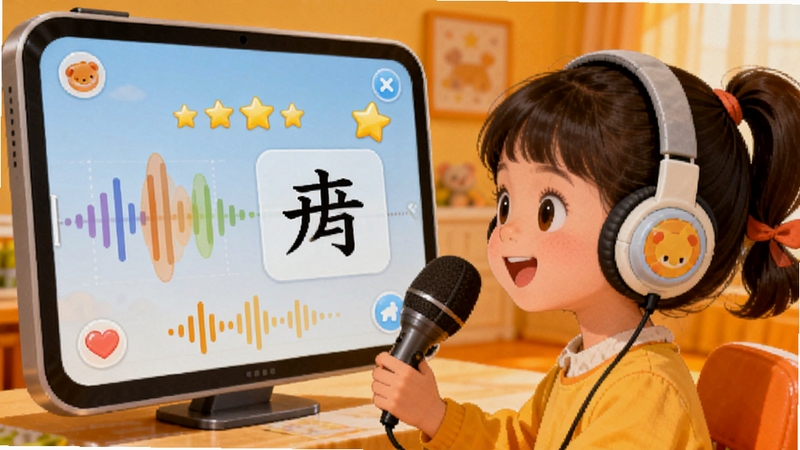 儿童识字乐园语音跟读界面,一个戴耳机的小女孩对着麦克风跟读汉字,屏幕上显示声波和星星评分,背景为温暖的橙色房间,画面温馨有爱