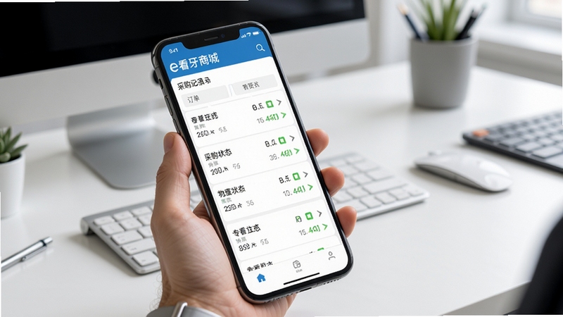 e看牙商城 订单管理与采购记录界面,手机屏幕上显示清晰的订单列表与物流状态,背景为简洁的办公桌面,整体风格专业高效
