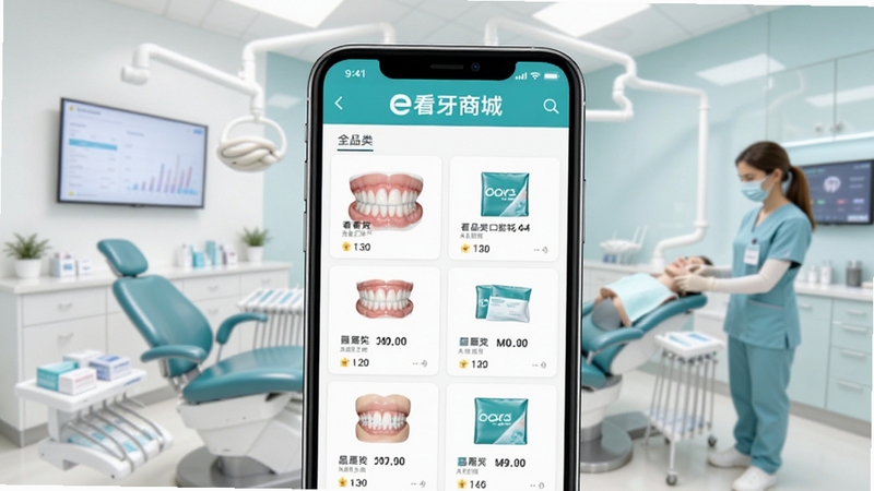 e看牙商城 全品类口腔耗材分类展示页面,手机屏幕中呈现整齐的商品列表,背景为明亮的牙科诊所环境,画面干净清爽,突出采购便捷感