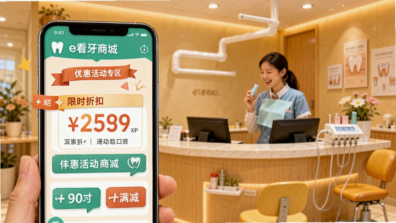 e看牙商城 优惠活动专区界面,手机屏幕中展示限时折扣与满减标签,背景为暖色调的牙科诊所前台,画面充满活力与采购氛围
