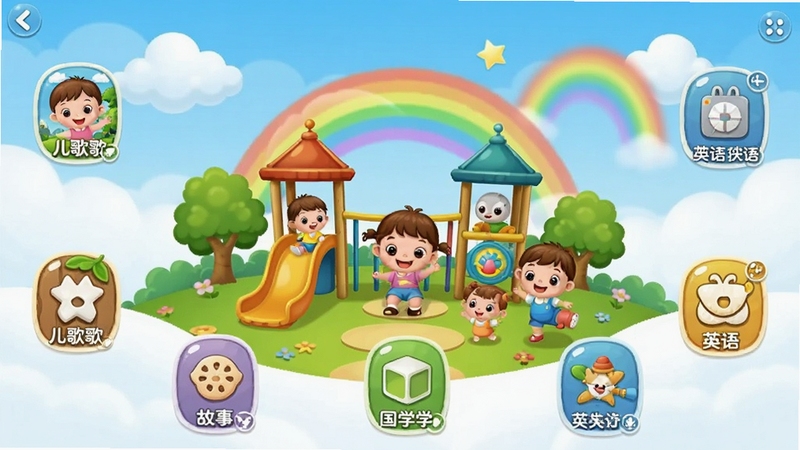 儿歌点点启蒙版应用主界面全景展示,画面中央为卡通风格的儿童乐园场景,四周环绕着儿歌、故事、国学、英语等分类入口图标,背景区域采用柔和的蓝天白云与彩虹元素,整体色彩明亮活泼,适合幼儿视觉习惯,画面比例16:9,高清细腻