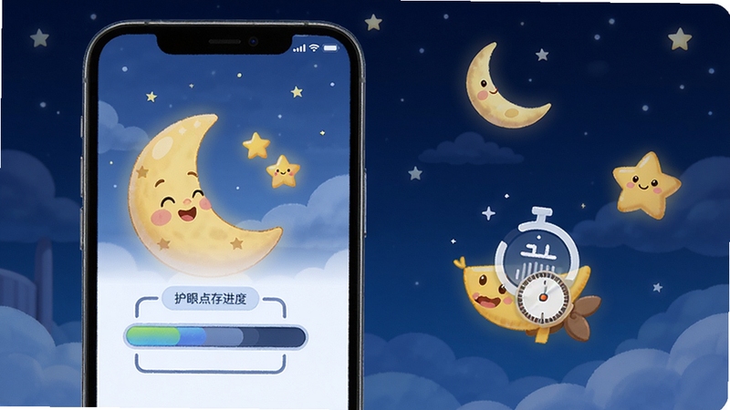 儿歌点点启蒙版离线缓存与定时设置界面,画面展示手机屏幕中缓存进度条与定时器图标,旁边有卡通月亮和星星元素暗示睡眠时间,背景为深蓝色夜空,突出护眼与时间管理功能