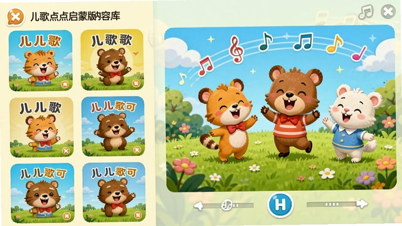 儿歌点点启蒙版内容库界面,画面左侧为整齐排列的儿歌专辑封面,右侧展示正在播放的动画儿歌场景,卡通小动物们在草地上唱歌跳舞,背景有音符飘动,整体风格温馨可爱,突出内容丰富的特点