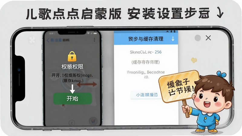 儿歌点点启蒙版安装设置步骤示意图,画面以手机屏幕截图风格展示权限开启与缓存清理界面,旁边有卡通小助手举着提示牌,背景为浅灰色,突出操作指引的清晰性