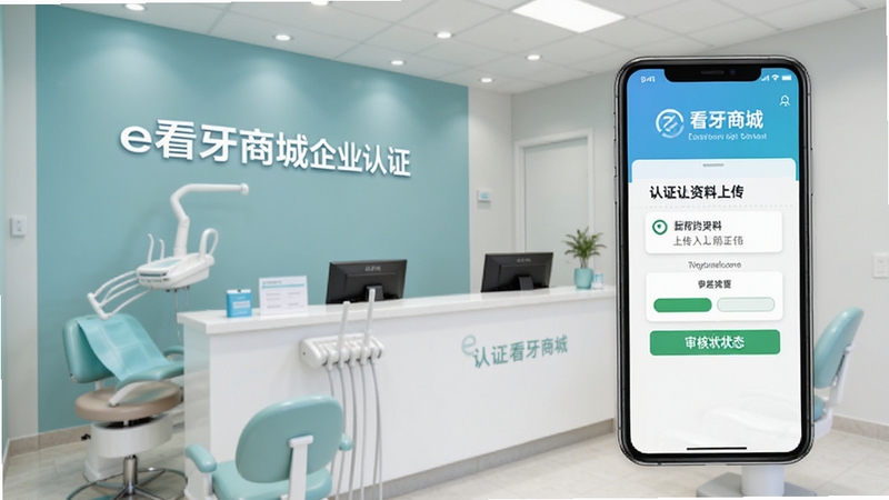 e看牙商城企业认证页面示意图,手机界面展示认证资料上传入口与审核状态提示,背景为口腔诊所前台场景,画面干净整洁,突出认证流程的规范与安全