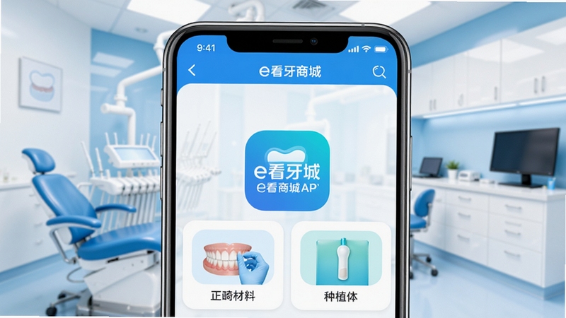 e看牙商城APP首页商品分类界面展示,手机屏幕中呈现口腔耗材、正畸材料、种植体等分类图标,背景为明亮的牙科诊所环境,蓝白配色清新专业,画面中央突出e看牙商城品牌标识