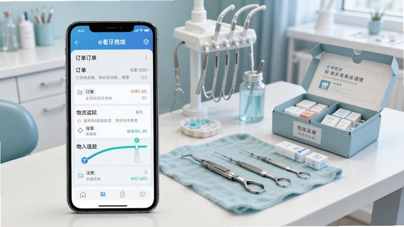 e看牙商城移动端采购订单管理界面展示,画面中手机屏幕显示订单列表与物流追踪信息,旁边的牙科诊所工作台上摆放着牙科器械和耗材盒,整体色调柔和,突出数字化采购管理的便捷感