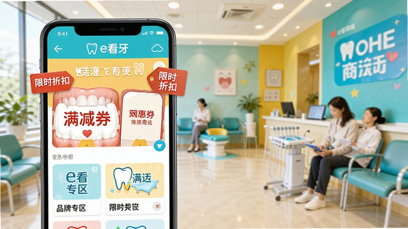 e看牙商城优惠活动专题页面展示,手机屏幕呈现满减券、限时折扣标签和品牌专区入口,背景为牙科诊所候诊区,色彩明亮活泼,突出促销氛围