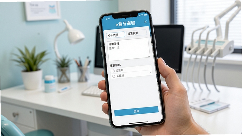 e看牙商城个人代付与发票申请操作界面展示,手机屏幕显示订单备注填写框和发票信息录入页面,背景为口腔诊所办公桌场景,画面简洁清晰,突出操作流程的便捷性