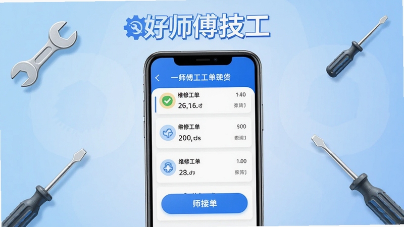 好师傅技工App首页界面展示,画面中央为手机屏幕内显示维修工单列表与师傅接单按钮,背景为浅蓝色渐变,周围点缀扳手、螺丝刀等维修工具图标,整体风格清爽商务,突出好师傅技工品牌名称